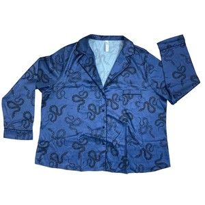 WOLF & WHISTLE Snake Print Long Sleeve Satin Pajama Top Blue Sz 16 NWOT flaw